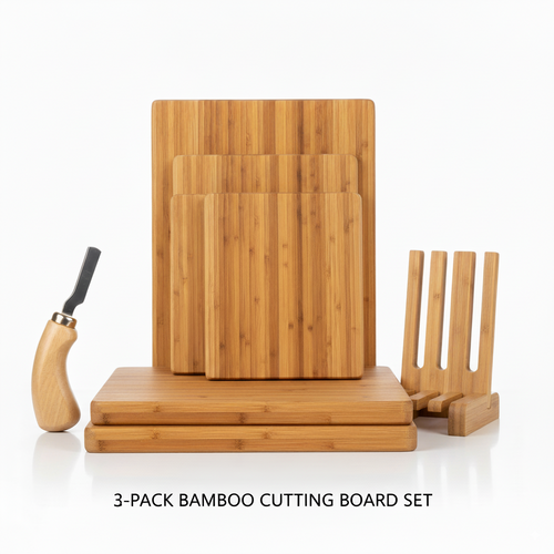 3-Pack Bamboo Cutting Board Set with Bread Cutter & Holder