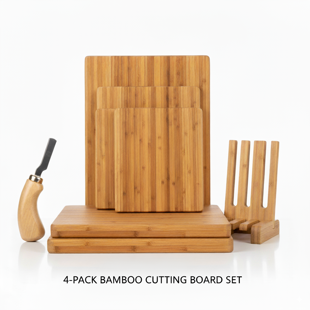 4-Pack Bamboo Cutting Board Set with Bread Cutter & Holder